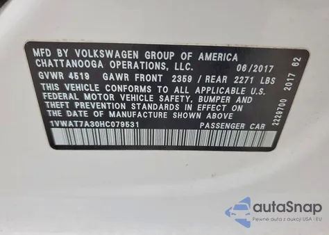 2017 Volkswagen Passat S из США, поврежденный, VIN 1VWAT7A30HC079531